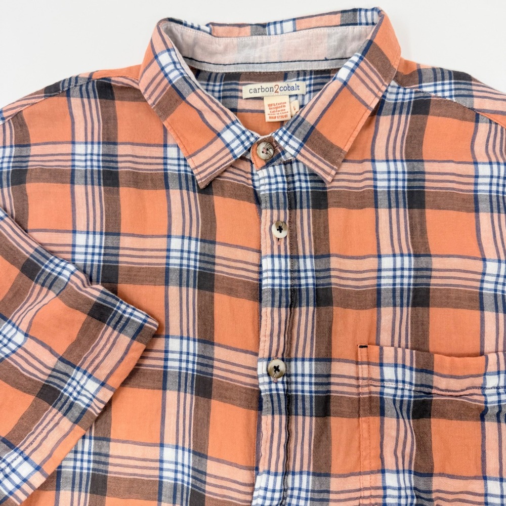 Carbon2Cobalt Mens Large Peach Blue Plaid Short Sleeve Button Shirt Double Layer